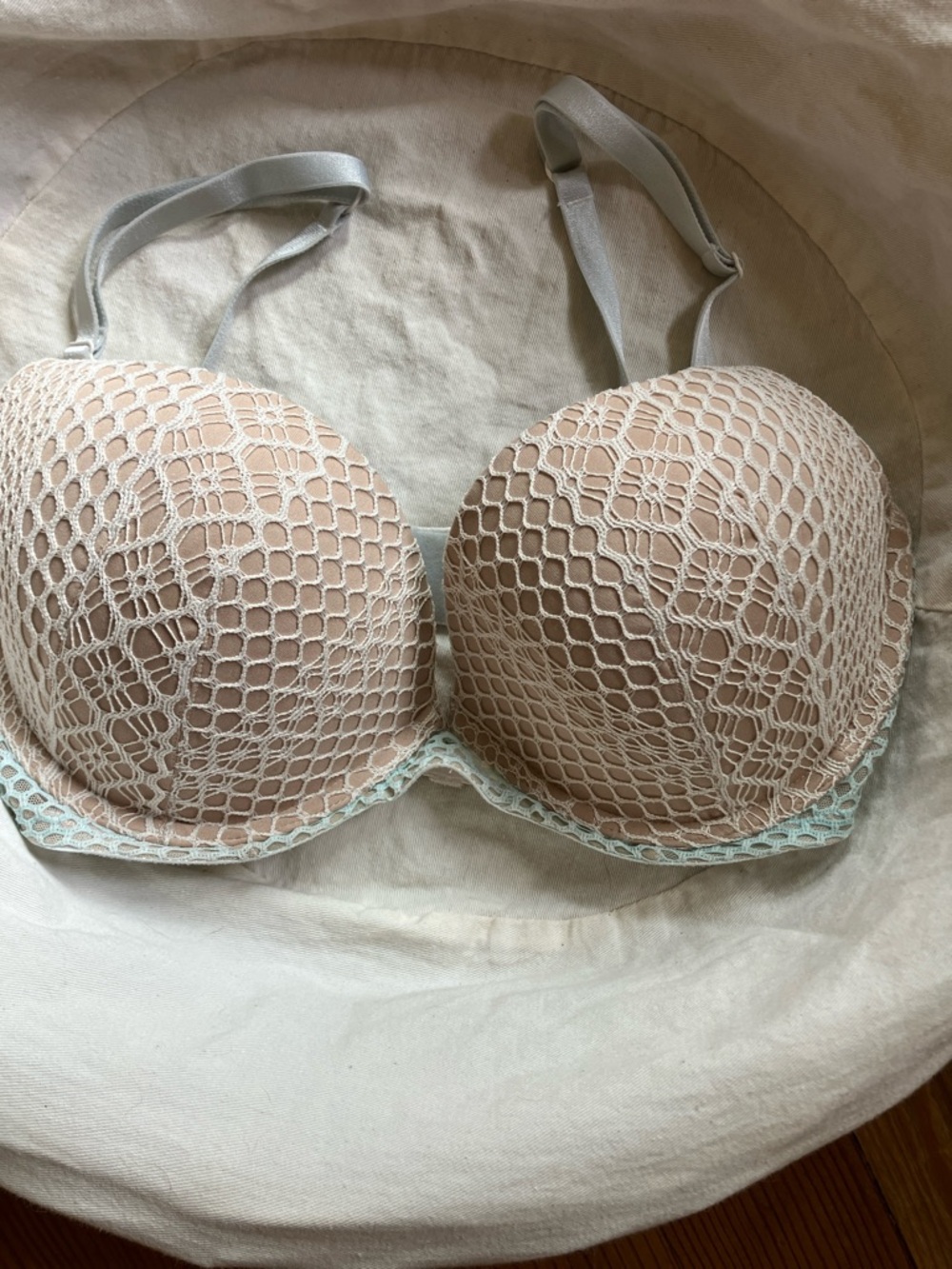 Victoria's Secret Beige Lace Bra with Baby Blue Trim